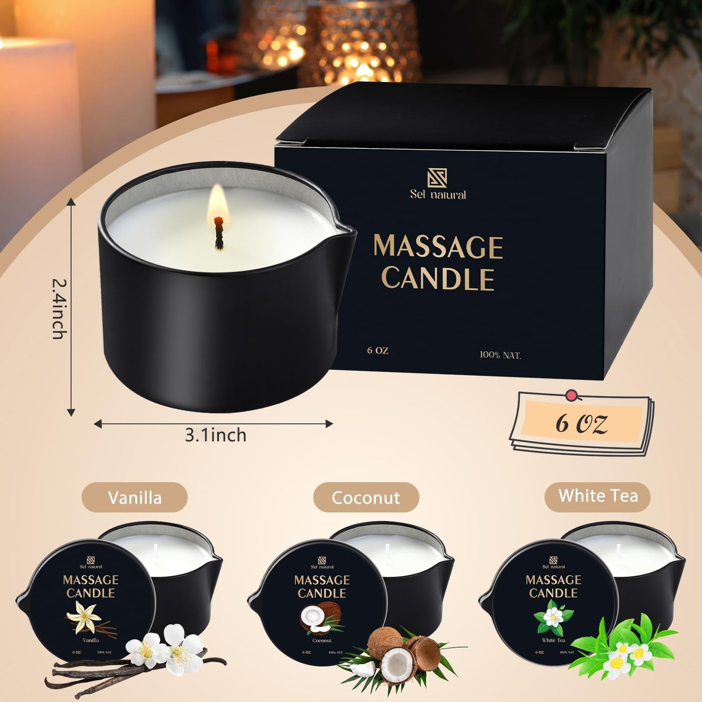 Sel Natural 3 Pack Massage Oil Candles – 18oz Low Temp Soy Candles in Vanilla, White Tea & Coconut