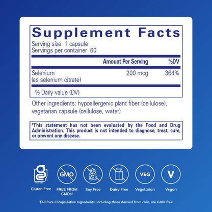 Pure Encapsulations Selenium (Citrate) - Immune Support, Antioxidant & Blood Flow - Gluten Free & Vegan - 60 Capsules