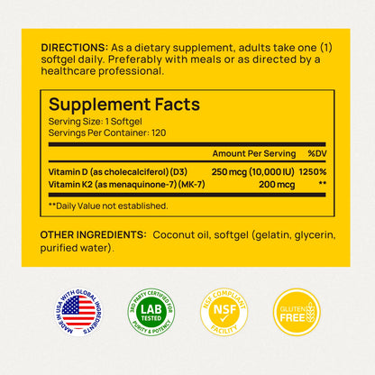 Selerb Vitamin D3 K2 with Virgin Coconut Oil – 10000 IU D3 + 200 mcg K2 MK-7, 120 Softgels