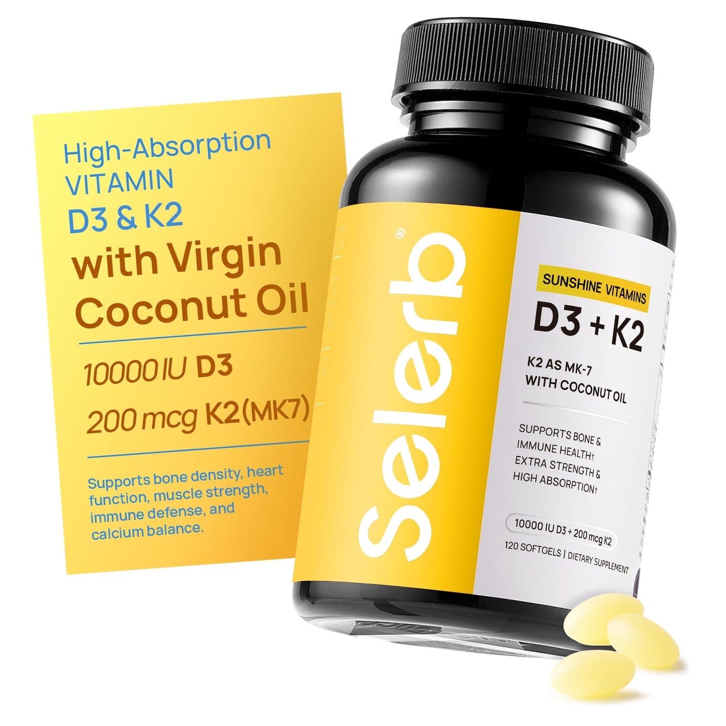 Selerb Vitamin D3 K2 with Virgin Coconut Oil – 10000 IU D3 + 200 mcg K2 MK-7, 120 Softgels
