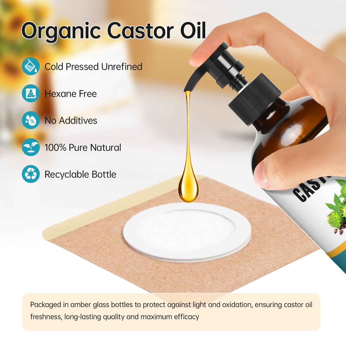 Organic Castor Oil Patches Kit – 50 Pack, 8oz Cold-Pressed, Hexane-Free