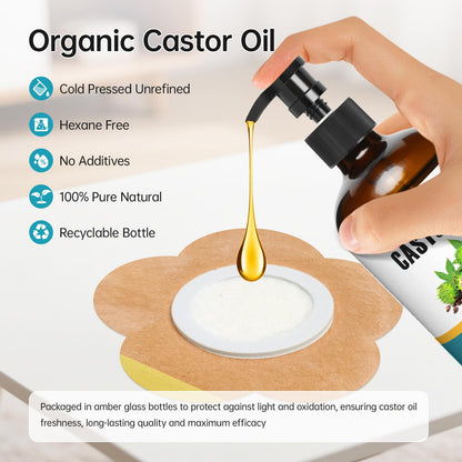 45 Pack Castor Oil Patches Kit - 8 oz Organic Cold-Pressed, Hexane Free