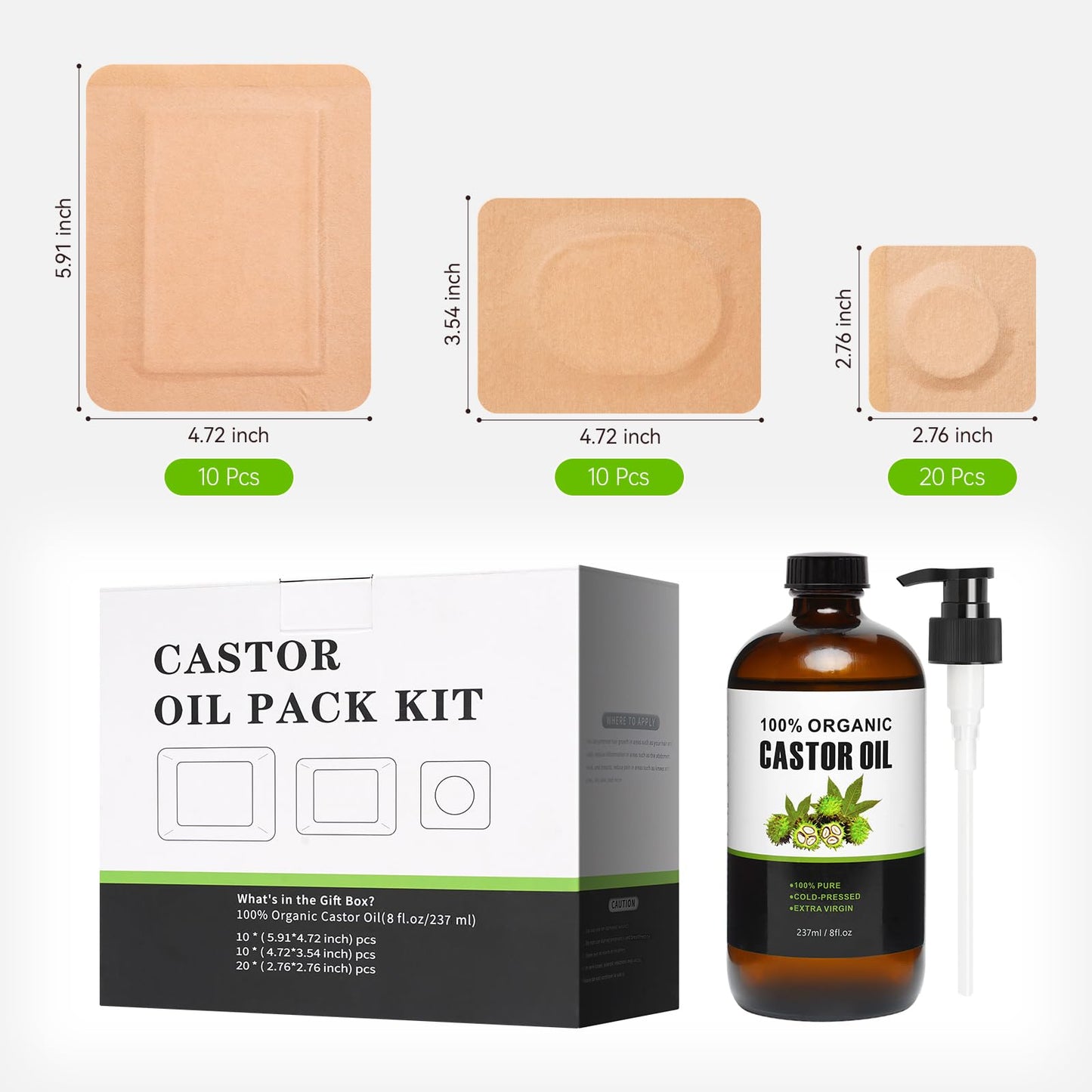 40 Pcs Castor Oil Pack Wrap – Self-Adhesive Patches + 8oz Organic Oil (237ml)
