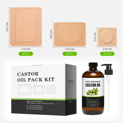 40 Pcs Castor Oil Pack Wrap – Self-Adhesive Patches + 8oz Organic Oil (237ml)