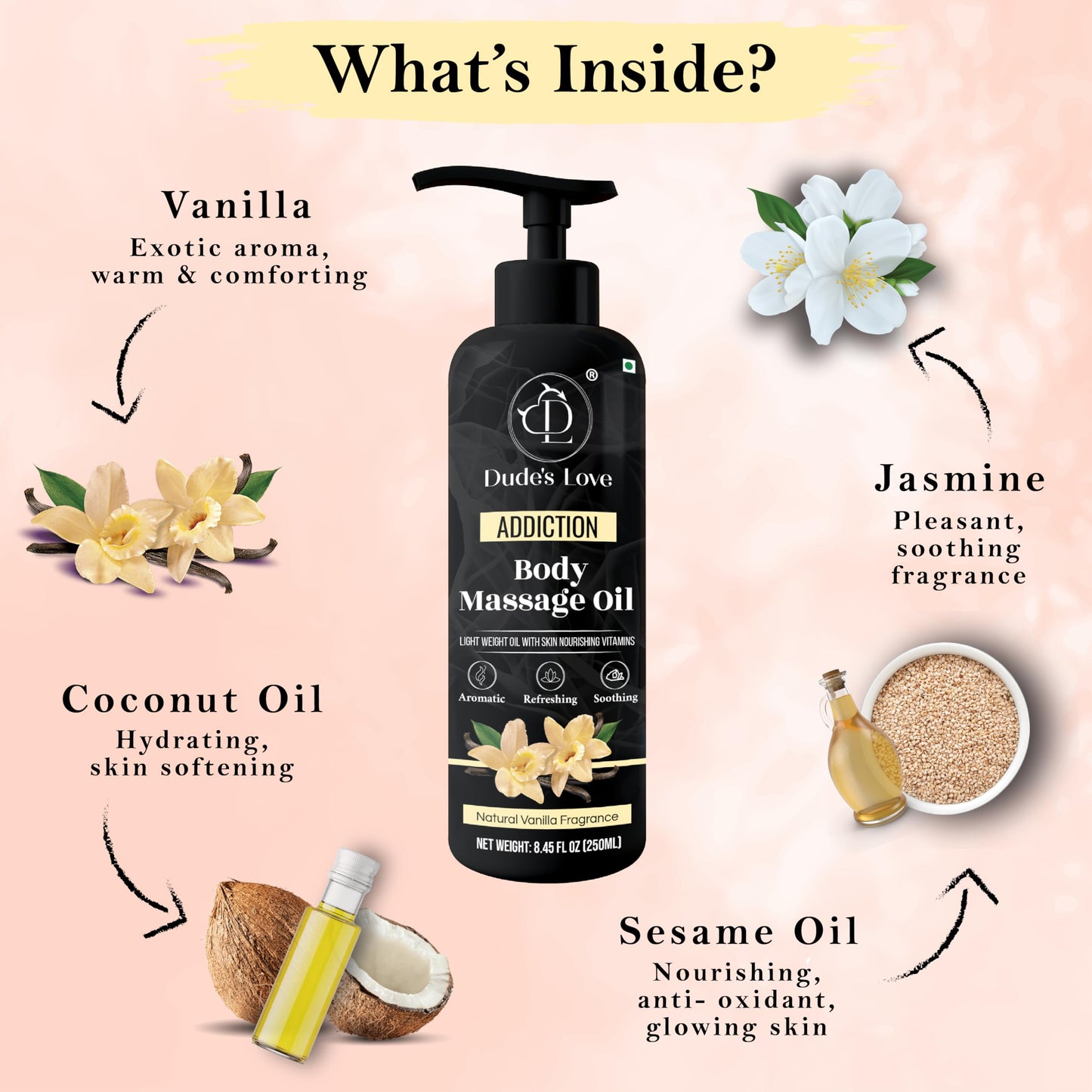 Organic - Vanilla Edible Full Body Massage Oil - No Stain & Non-Sticky | with Fractionated Coconut Oil, Vanilla & Jasmine Oil, Date Night | Massage Oil for Massage Therapy - 8.45 Fl Oz