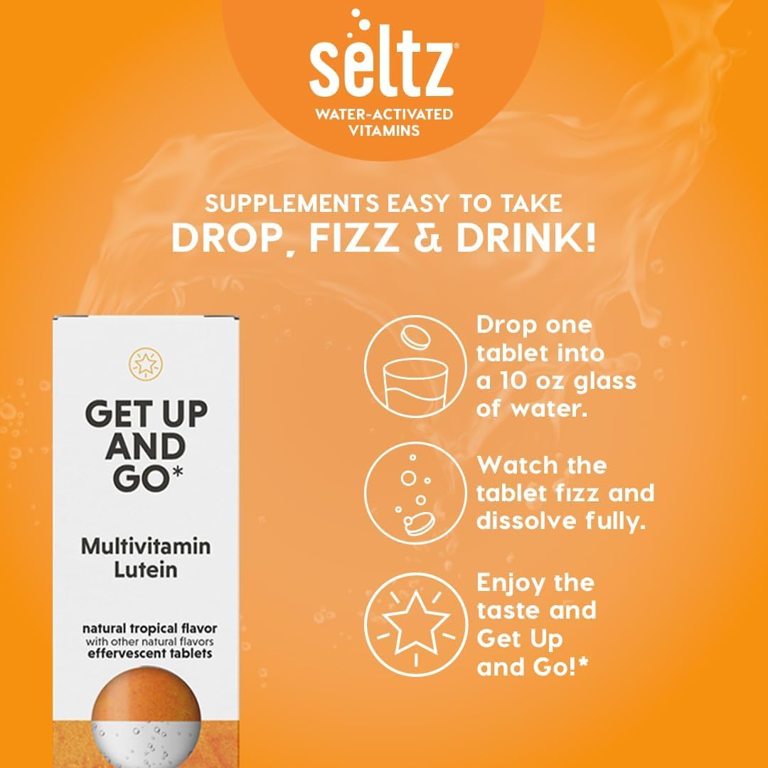 Seltz® Get Up and Go – Effervescent Multivitamin with Lutein for Daily Energy, Eye Health & Antioxidant Support – Tropical Flavor, 20 Tablets (Pack of 6)
