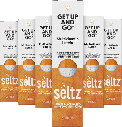Seltz® Get Up and Go – Effervescent Multivitamin with Lutein for Daily Energy, Eye Health & Antioxidant Support – Tropical Flavor, 20 Tablets (Pack of 6)