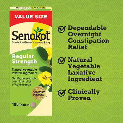 Senokot Regular Strength Senna Laxative Tablets – 100 Count for Adults