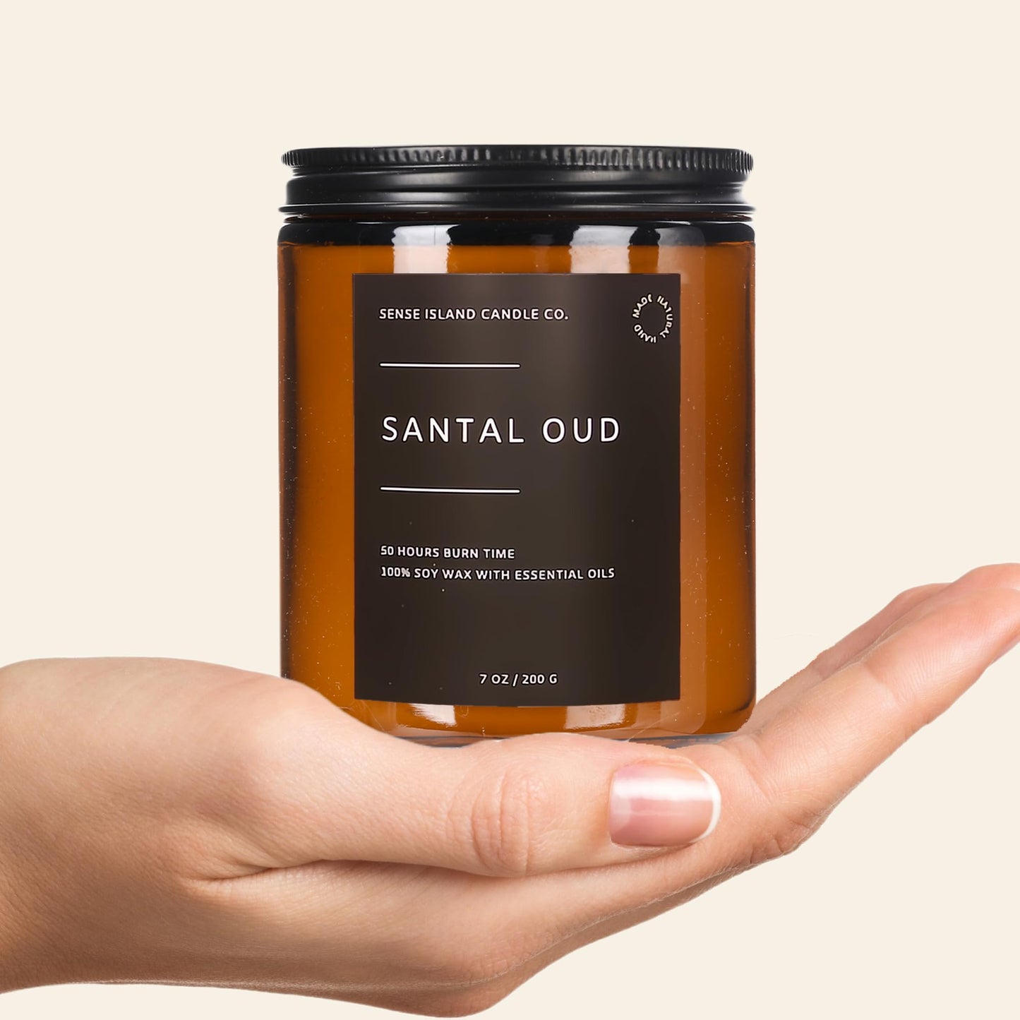 SENSE ISLAND Santal Oud Scented Candle | 7oz 100% Natural Soy Wax, Ambery Woody for Men & Women