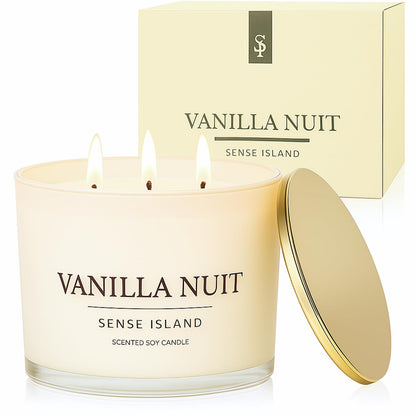 Vanilla Nuit 3-Wick Soy Candle by SENSE ISLAND | Cream Vanilla, Gold Lid, Luxury Gift