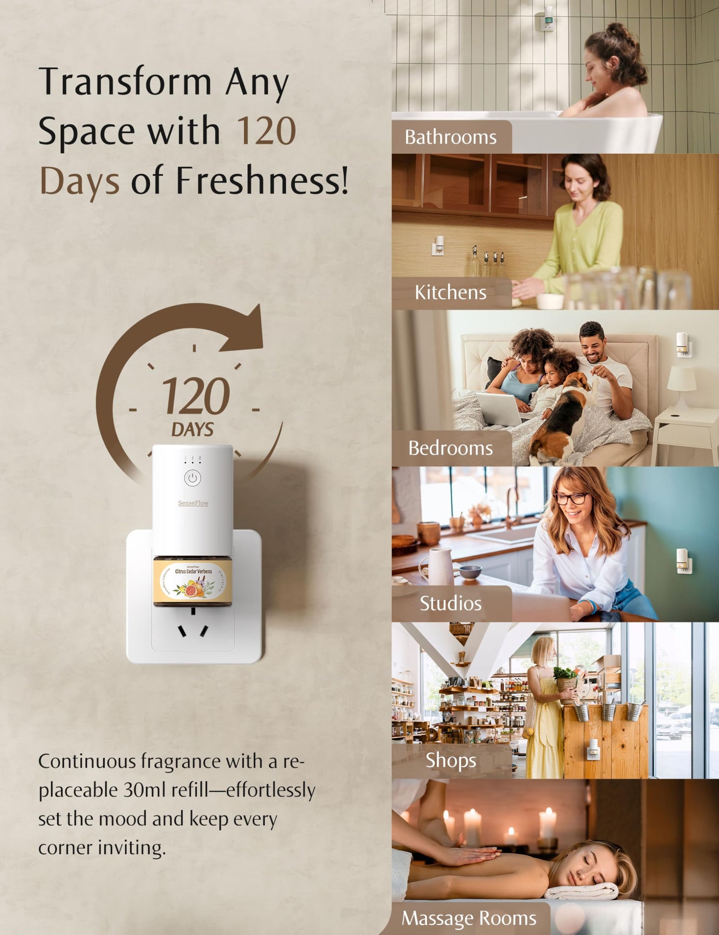 SenseFlow SF101 Waterless Ultrasonic Essential Oil Diffuser – 100% Plant-Based, 100㎡ Coverage, Himalayan Cedarwood