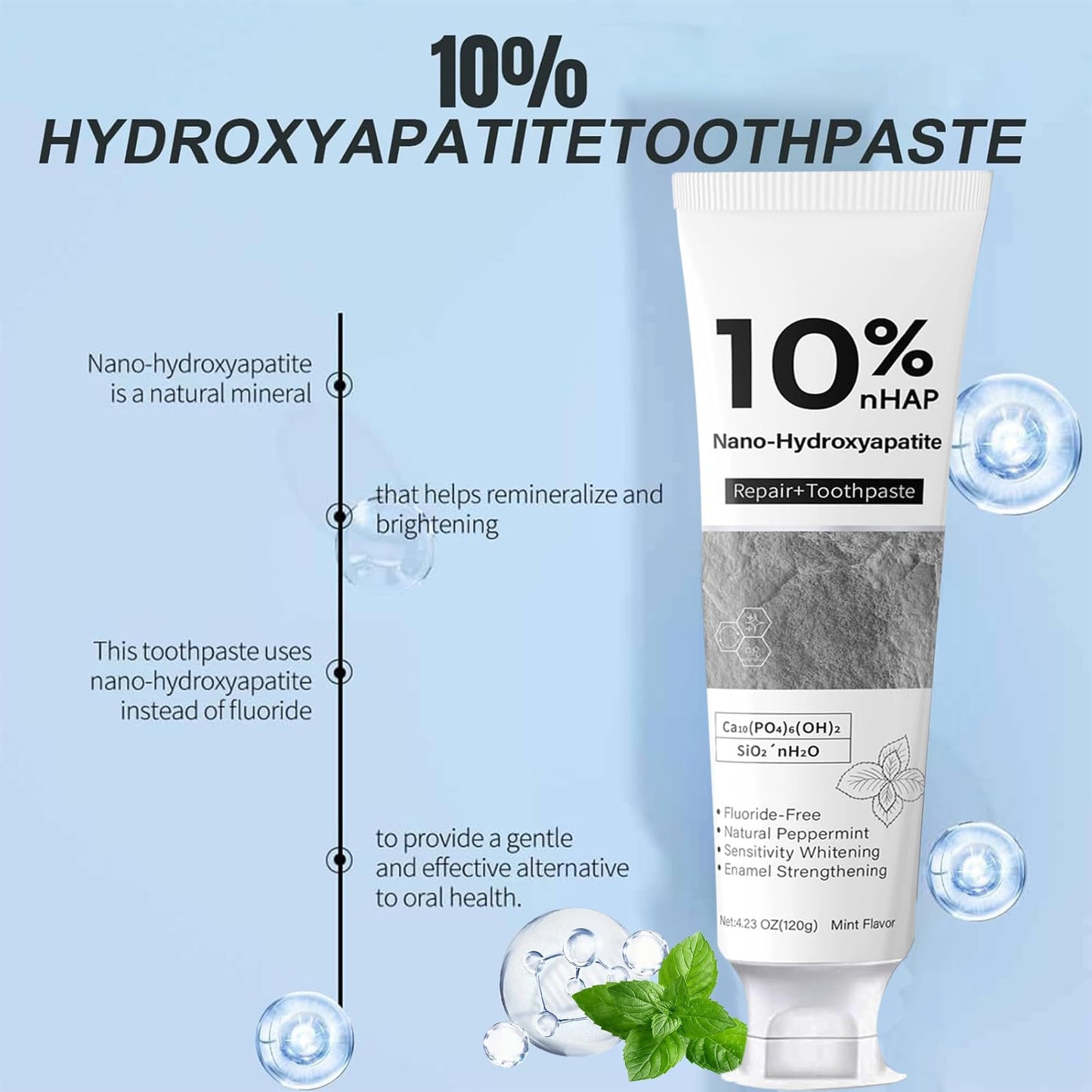 10% Nano Hydroxyapatite Toothpaste – Enamel Repair, Teeth Strengthening, Fluoride Free (4.23 oz) - Gentle Mint