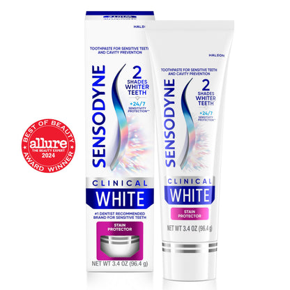 Sensodyne Clinical White Toothpaste – Clinically Proven Whitening for Sensitive Teeth (3.4 oz) | Stain Protector