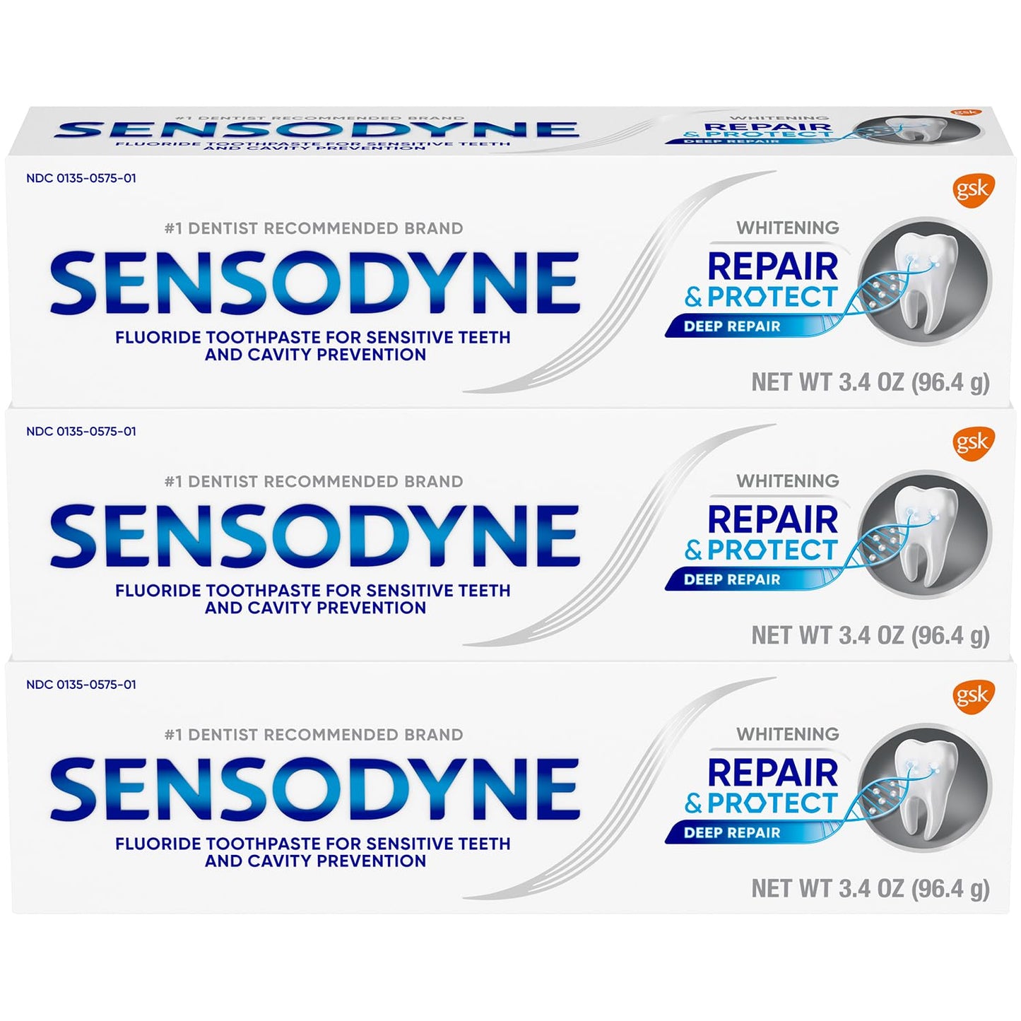 Sensodyne Repair and Protect Whitening Toothpaste – 3 x 3.4 oz for Sensitive Teeth & Cavity Prevention