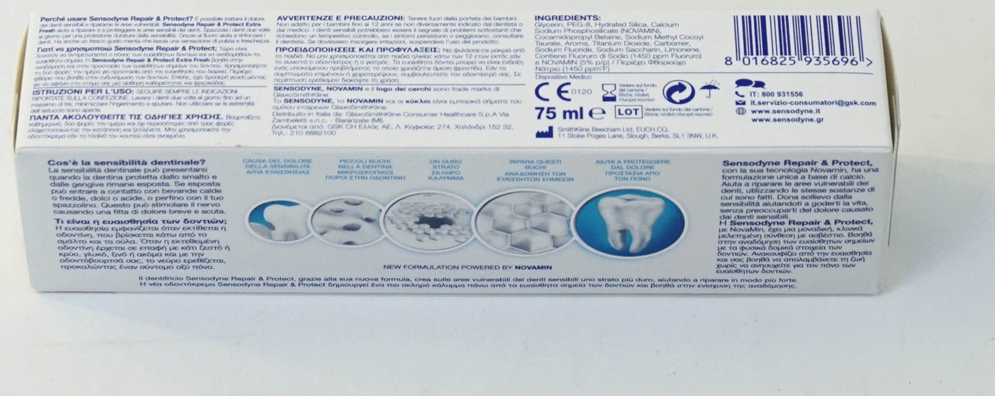 Sensodyne Repair & Protect Extra Fresh Toothpaste with NovaMin – 75ml (2.53 oz) Tube, Pack of 4 (Italian Import)