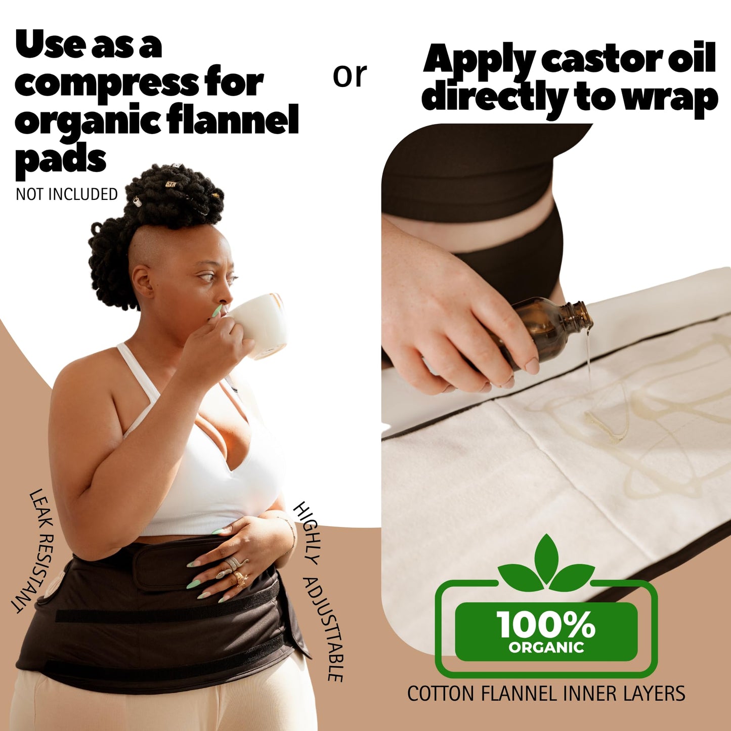 Sentre Plus-Size Castor Oil Pack Wrap – Adjustable Straps, Organic Cotton Flannel, 67in (Black)