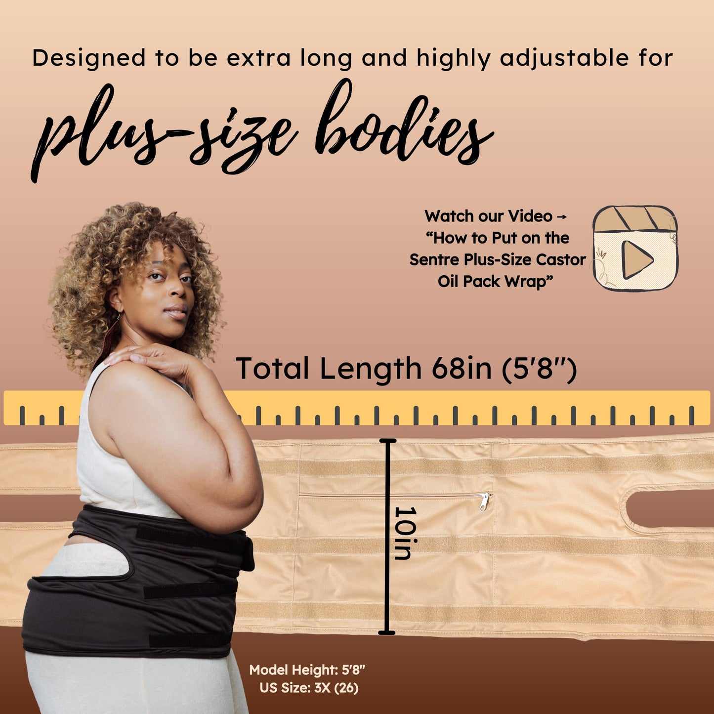 Sentre Plus-Size Castor Oil Pack Wrap – Adjustable Straps, Organic Cotton Flannel, 67in (Black)
