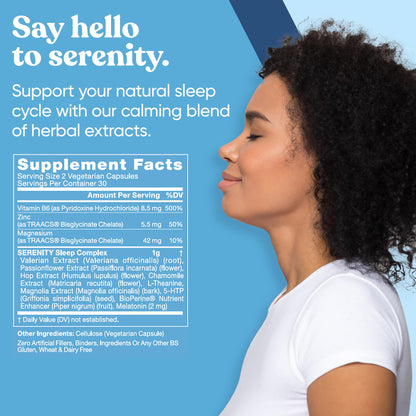 Serenity Sleep Natural Sleep Aid – Magnesium, Valerian & Melatonin | Vegan 60 Soft Caps