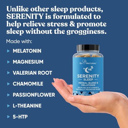 Serenity Sleep Natural Sleep Aid – Magnesium, Valerian & Melatonin | Vegan 60 Soft Caps