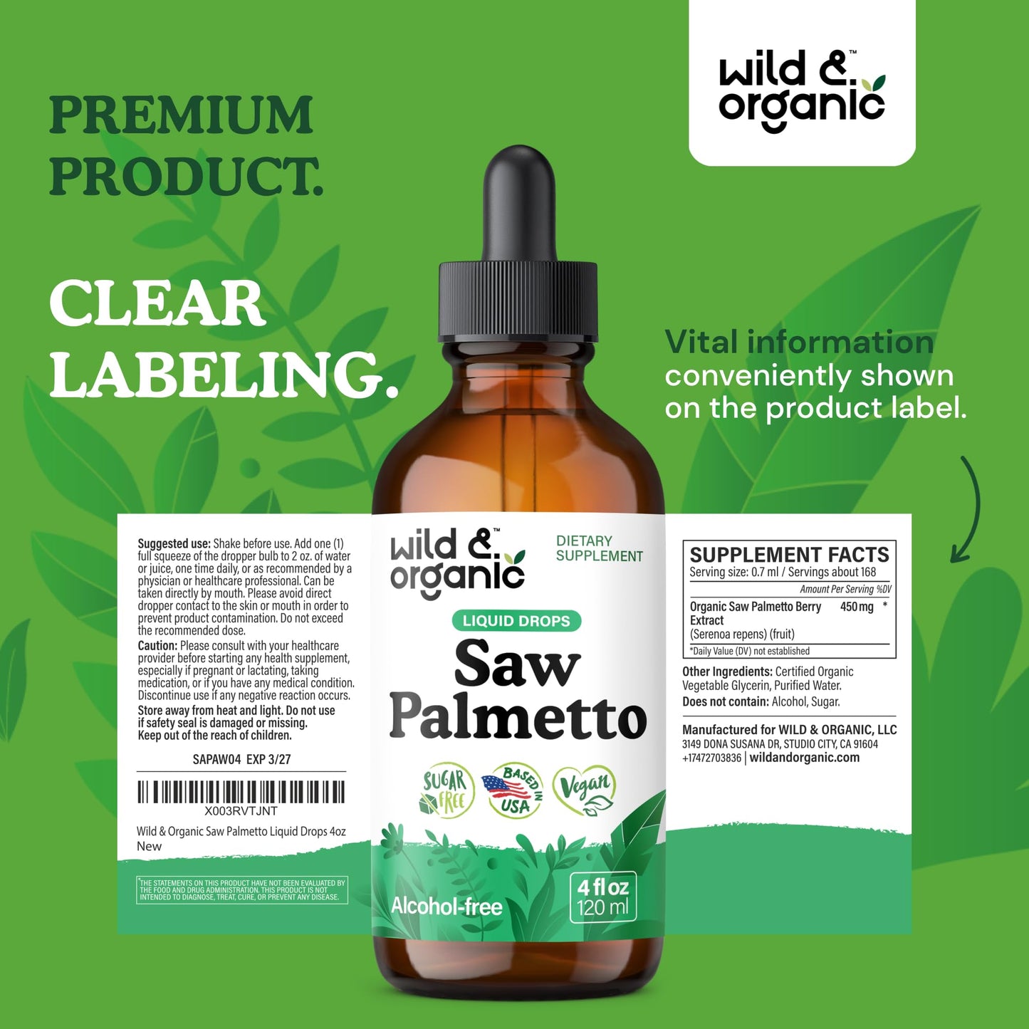 Wild & Organic Saw Palmetto Tincture - 4 fl oz | Vegan, Alcohol-Free, Sugar-Free Saw Palmetto Extract