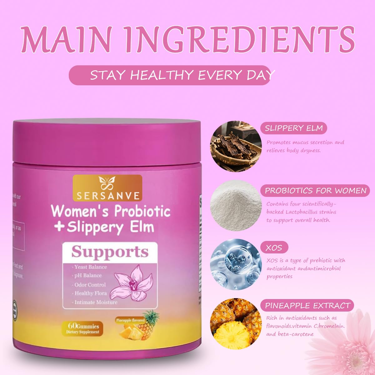 SERSANVE Feminine Probiotics Gummies for Women – Pineapple, Vegan, 60ct