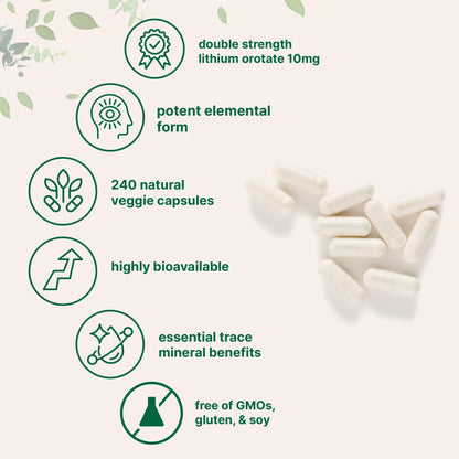 Lithium Orotate 10mg | 240 Veggie Capsules | High Bioavailability | Non-GMO, Gluten Free