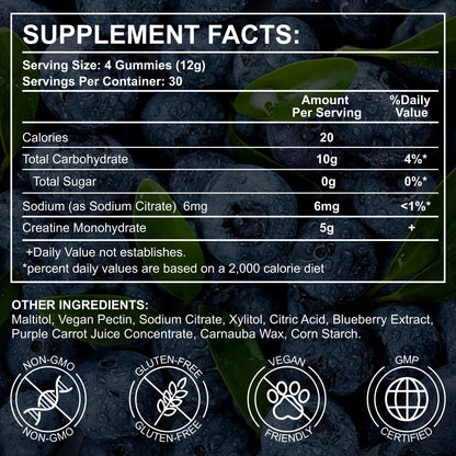 Creatine Monohydrate Gummies 5000mg | 120 Sugar-Free Vegan Chews – Blueberry