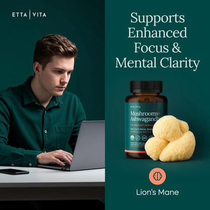 USDA Organic Lion's Mane + Ashwagandha: 10x Mushroom Complex (18,600mg/serv) for Focus & Immunity