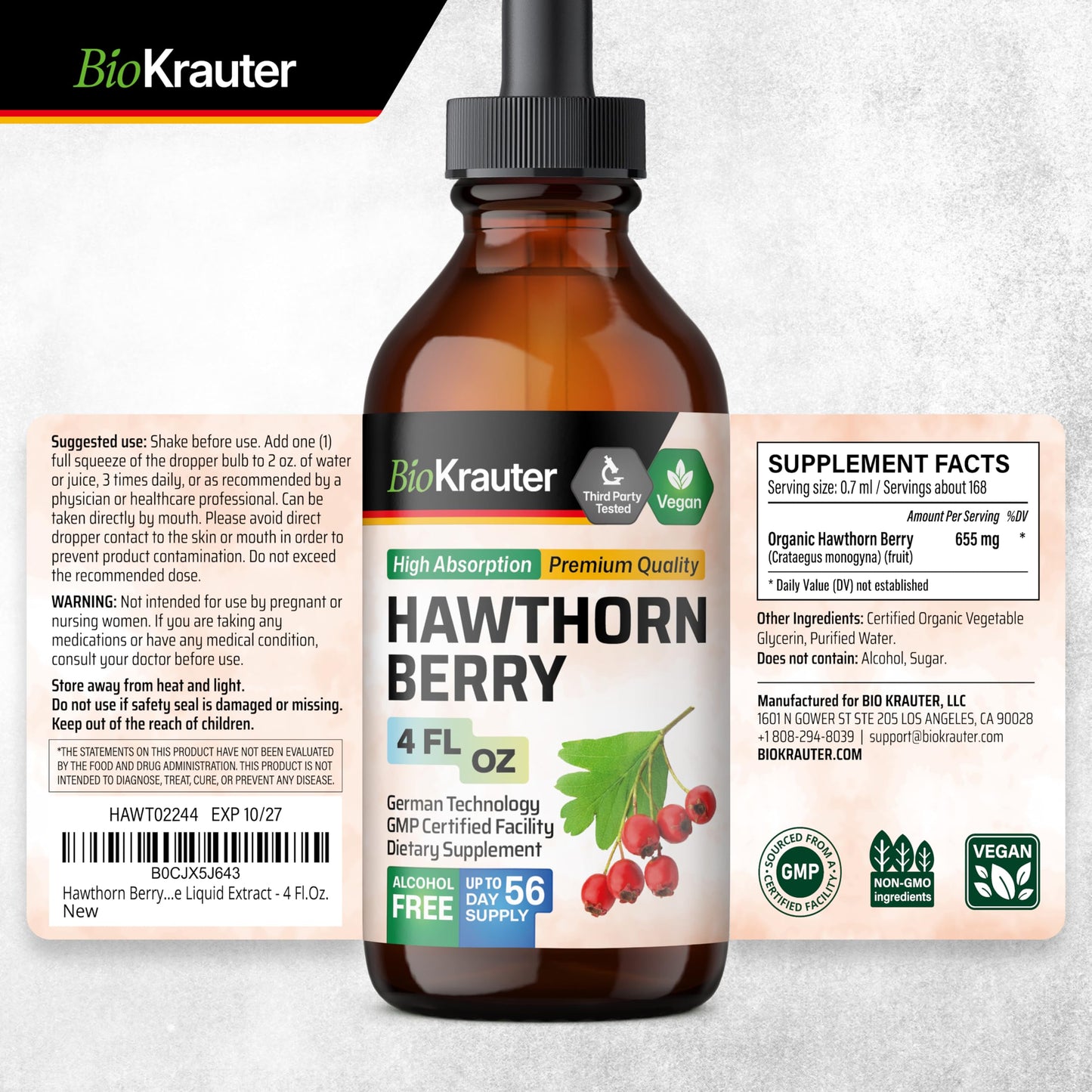 BIO KRAUTER Hawthorn Berry Liquid Drops - Vegan, Alcohol-Free, 655 mg per Serving