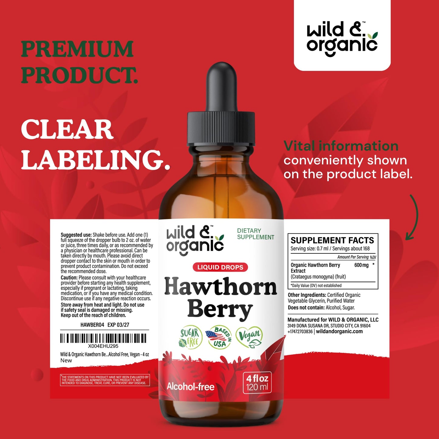 Wild & Organic Hawthorn Berry Tincture 600 mg – Vegan, Alcohol-Free Liquid Drops, 4 fl oz