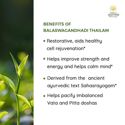 Kerala Ayurveda Balaswagandhadi Thailam - Ayurvedic Massage Oil with Ashwagandha | Balances Vata & Pitta, Calms Mind, Nourishes Body & Tones Muscles | 6.76 Fl Oz