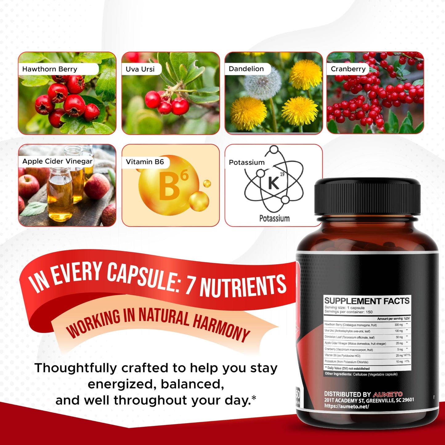 AUMETO 7-in-1 Hawthorn Berry Capsules – Heart & Kidney Support (150 Count)