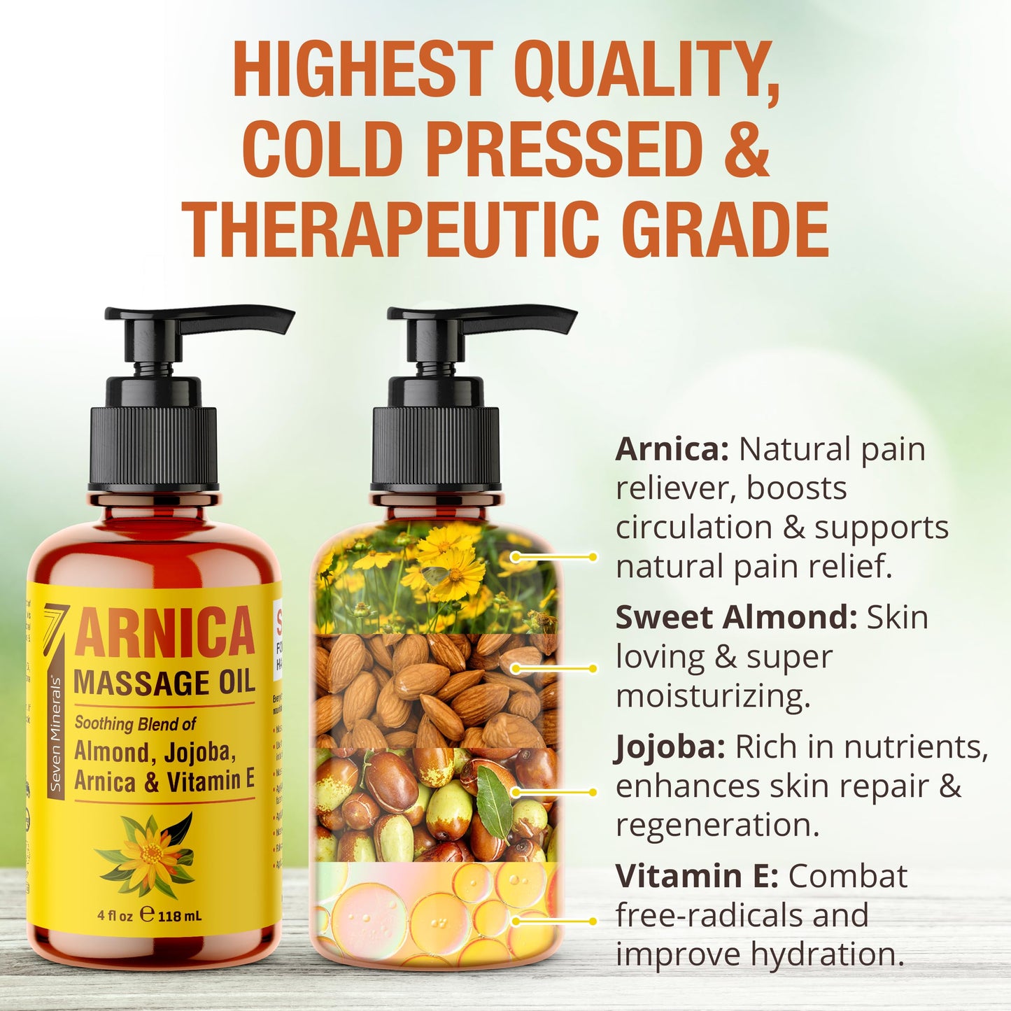 Seven Minerals Arnica Sore Muscle Massage Oil - 4 oz for Professional or At-Home Therapy