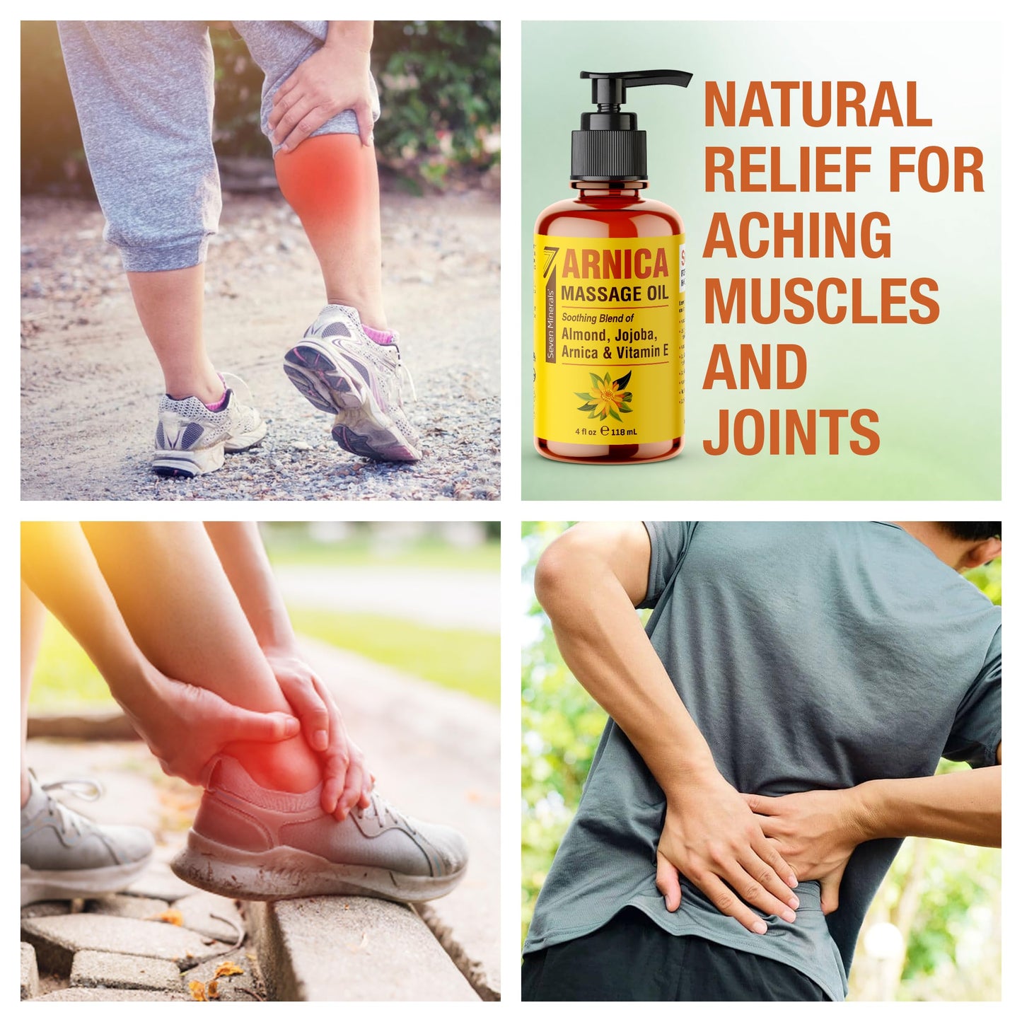 Seven Minerals Arnica Sore Muscle Massage Oil - 4 oz for Professional or At-Home Therapy