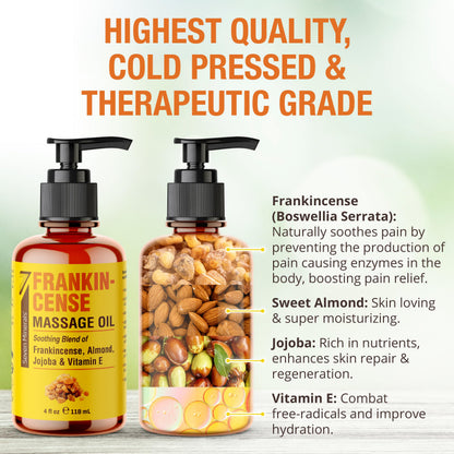 Seven Minerals Frankincense Massage Oil 4oz – For Professional or Home Massage (Almond, Jojoba & Vitamin E)