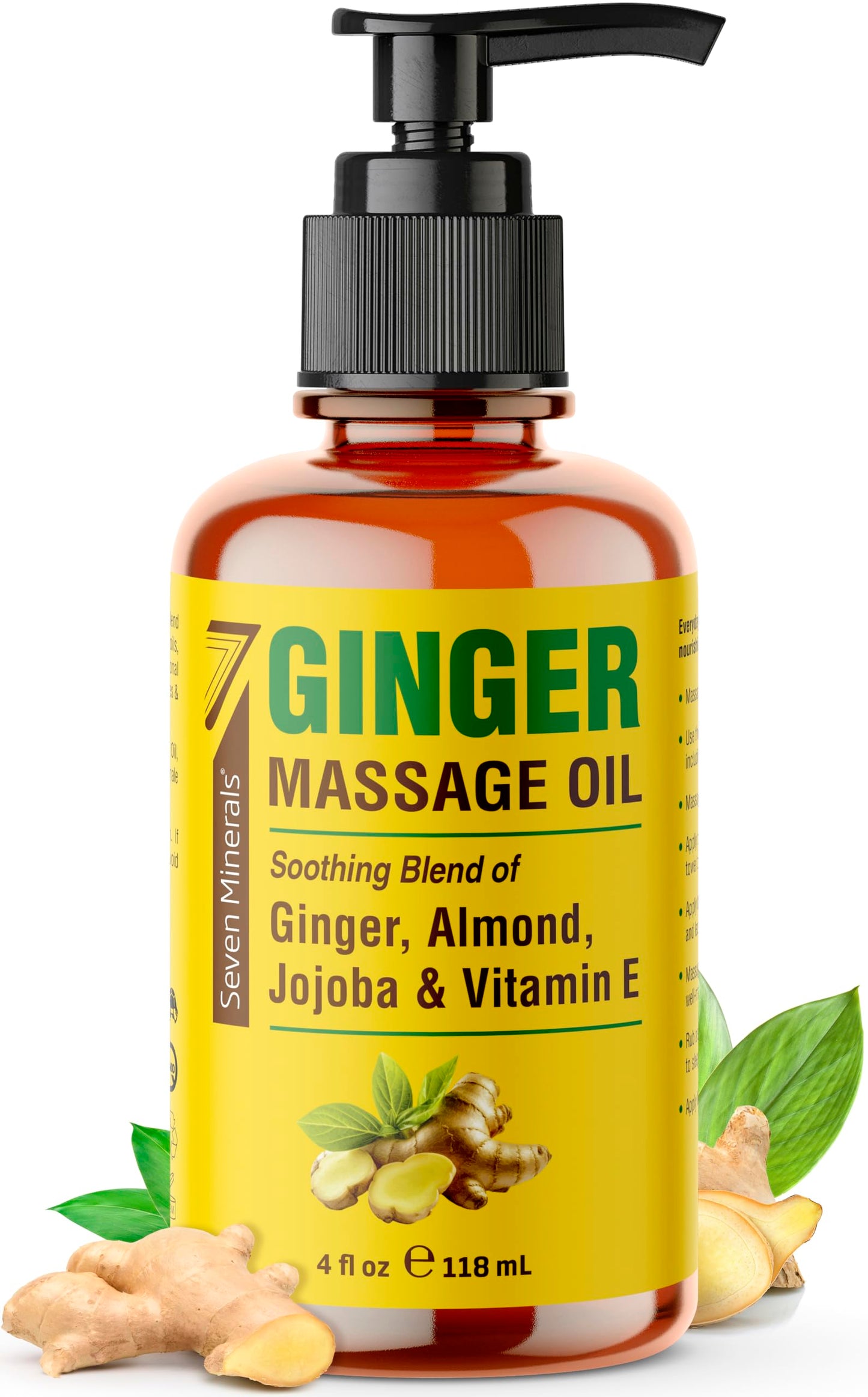 Seven Minerals Ginger Massage Oil for Lymphatic Drainage Therapy - 4 oz Therapeutic Grade Essential Oils