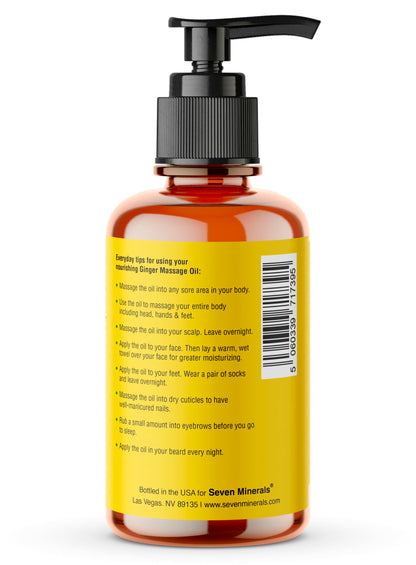 Seven Minerals Ginger Massage Oil for Lymphatic Drainage Therapy - 4 oz Therapeutic Grade Essential Oils