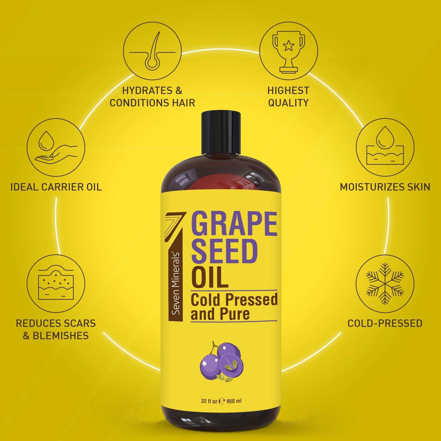 Seven Minerals Grapeseed Oil – 32 oz Cold-Pressed, Non-GMO, Hexane-Free