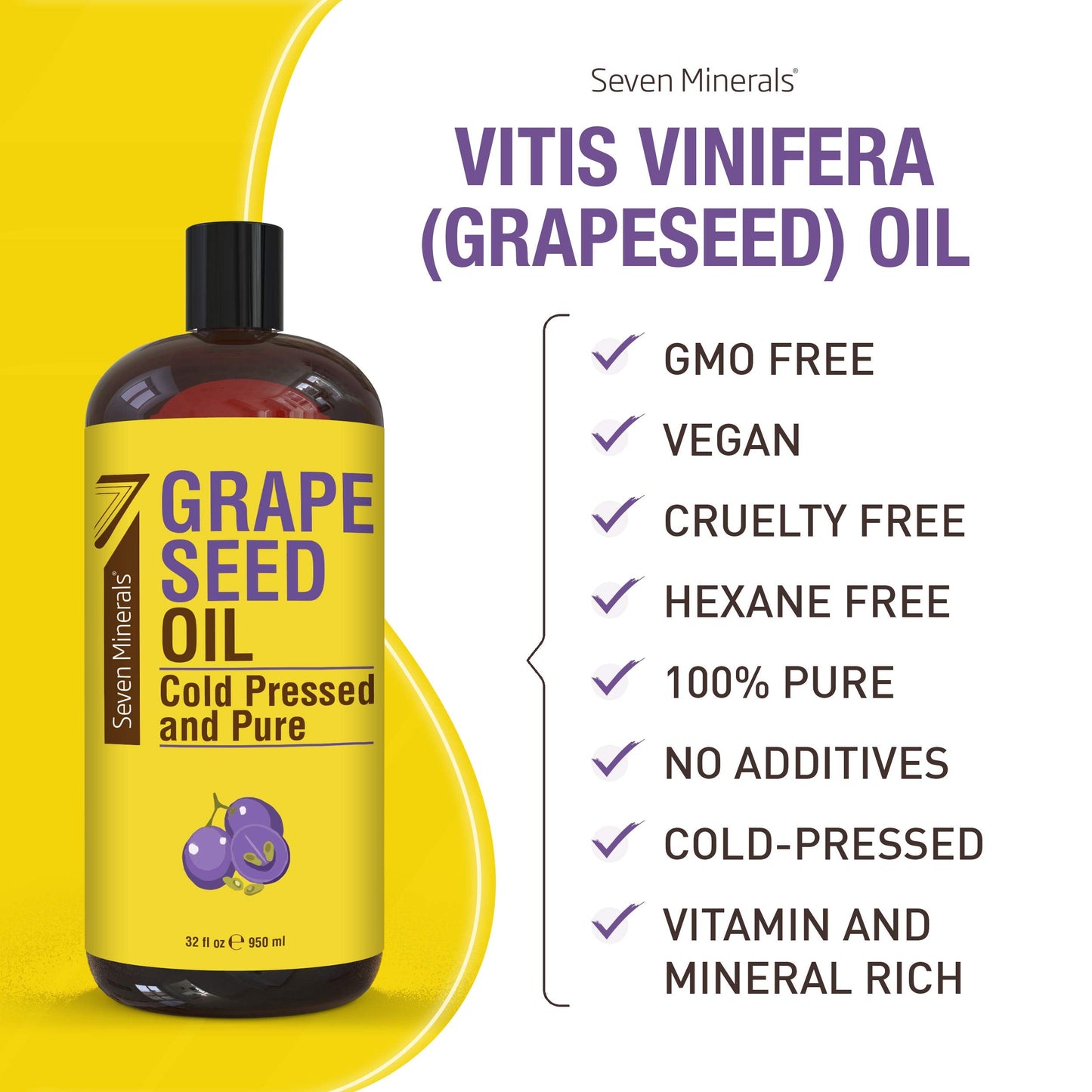Seven Minerals Grapeseed Oil – 32 oz Cold-Pressed, Non-GMO, Hexane-Free