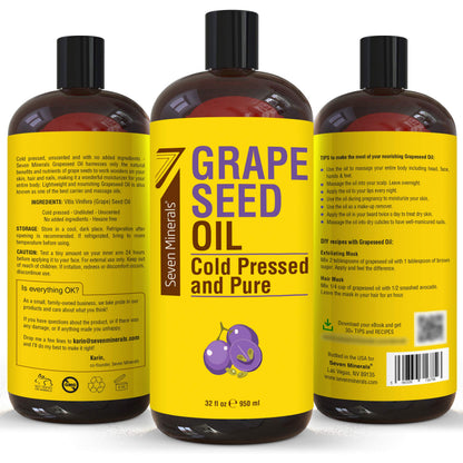 Seven Minerals Grapeseed Oil – 32 oz Cold-Pressed, Non-GMO, Hexane-Free