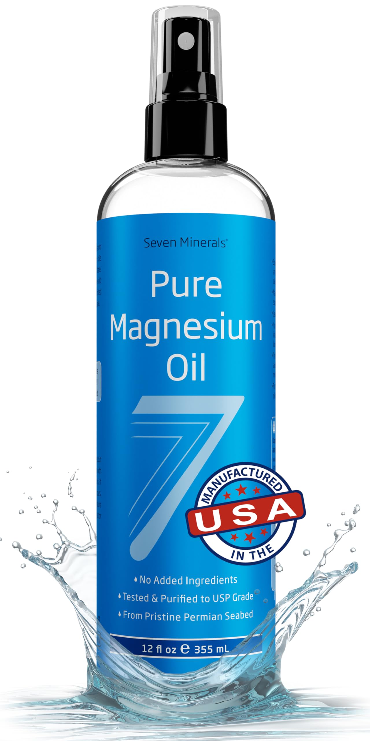 Seven Minerals Magnesium Oil Spray 12oz – USP Grade, Extra Strength, Made in USA | Sleep, Muscle Pain & Cramps