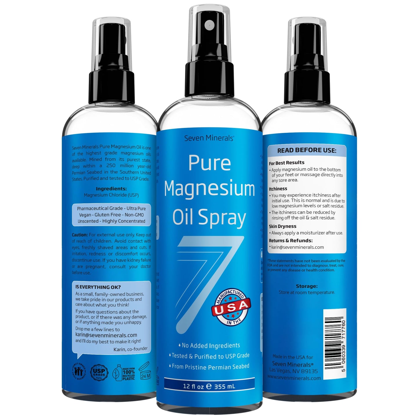 Seven Minerals Magnesium Oil Spray 12oz – USP Grade, Extra Strength, Made in USA | Sleep, Muscle Pain & Cramps