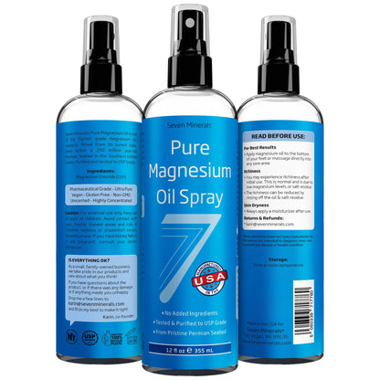 Seven Minerals Magnesium Oil Spray 12oz – USP Grade, Extra Strength, Made in USA | Sleep, Muscle Pain & Cramps