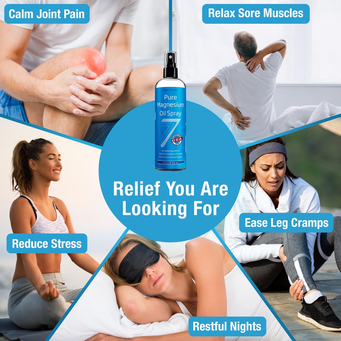 Seven Minerals Magnesium Oil Spray 12oz – USP Grade, Extra Strength, Made in USA | Sleep, Muscle Pain & Cramps