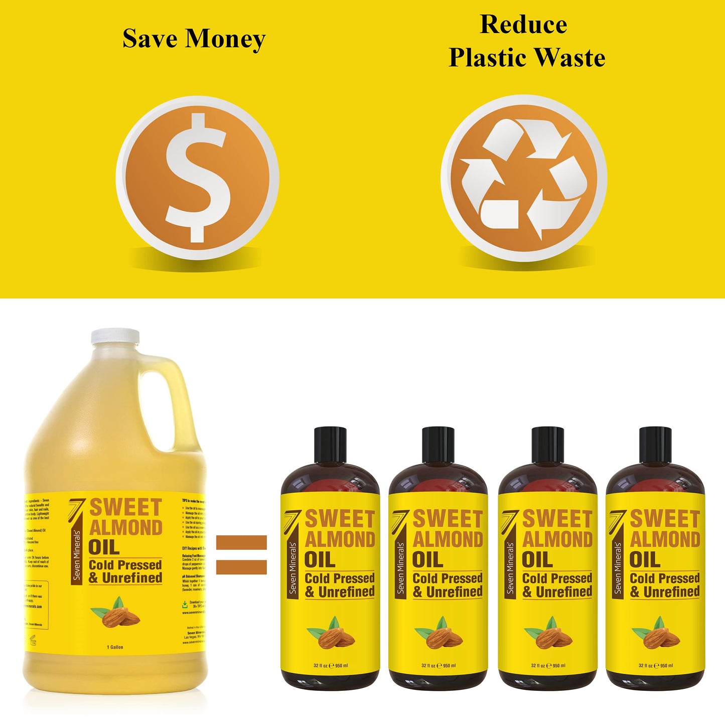 Seven Minerals, Pure Cold Pressed Sweet Almond Oil - 1 Gallon - Unrefined & 100% Natural For Skin & Hair, with No Added Ingredients - Perfect Carrier Oil for Essential Oils