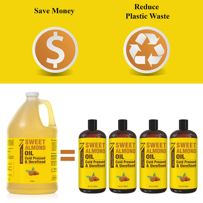 Seven Minerals, Pure Cold Pressed Sweet Almond Oil - 1 Gallon - Unrefined & 100% Natural For Skin & Hair, with No Added Ingredients - Perfect Carrier Oil for Essential Oils