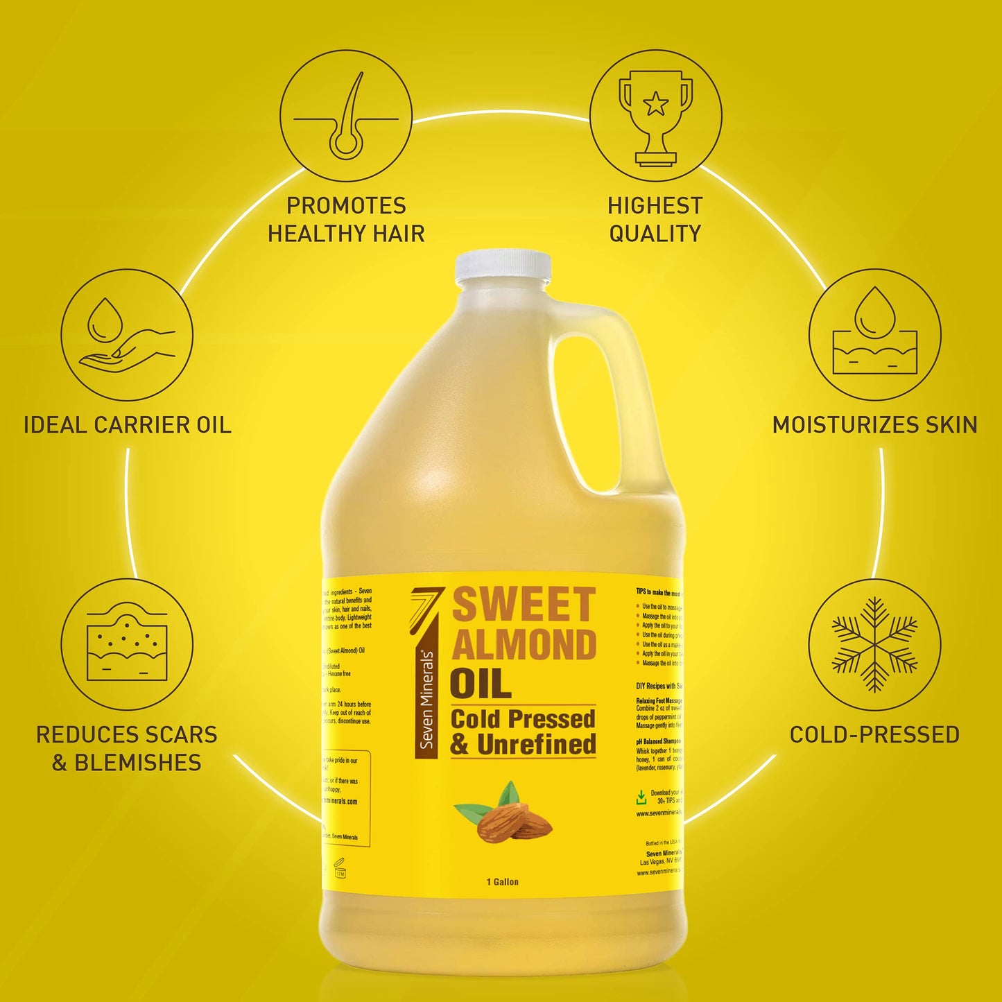 Seven Minerals, Pure Cold Pressed Sweet Almond Oil - 1 Gallon - Unrefined & 100% Natural For Skin & Hair, with No Added Ingredients - Perfect Carrier Oil for Essential Oils