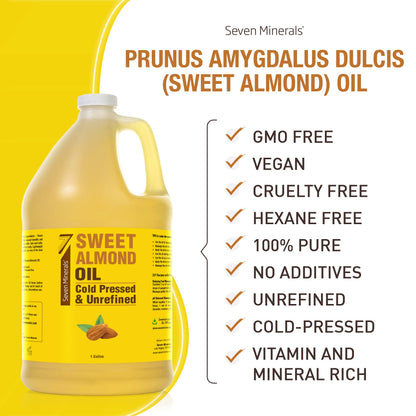 Seven Minerals, Pure Cold Pressed Sweet Almond Oil - 1 Gallon - Unrefined & 100% Natural For Skin & Hair, with No Added Ingredients - Perfect Carrier Oil for Essential Oils