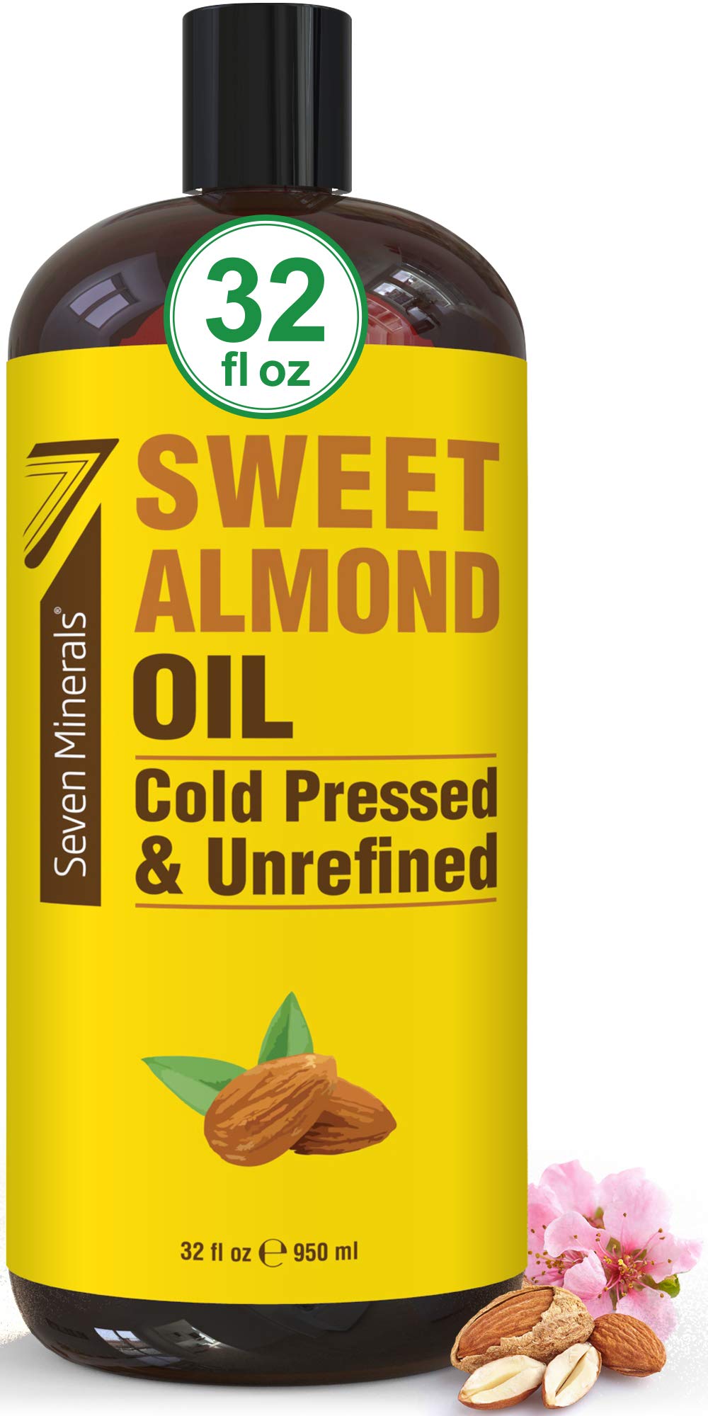 Seven Minerals Pure Cold Pressed Sweet Almond Oil – 32 oz Unrefined Carrier Oil for Skin & Hair