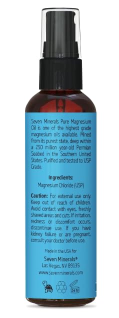 Seven Minerals Travel Size Pure Magnesium Oil – USP Grade, 2 fl oz, USA Seabed, Free eBook Included